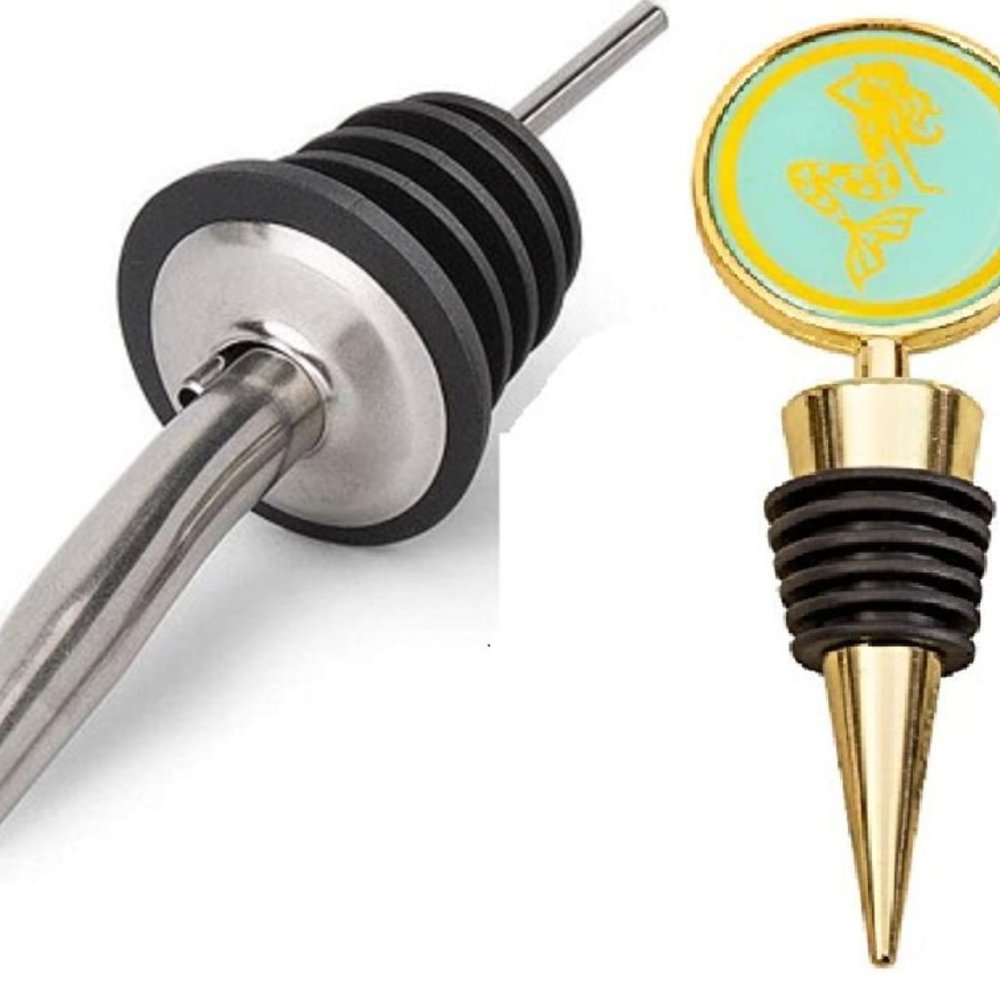 NEW Mermaid Bottle Stopper & Stainless Steel Wine Pourer Olive Oil Vinegar Corks
